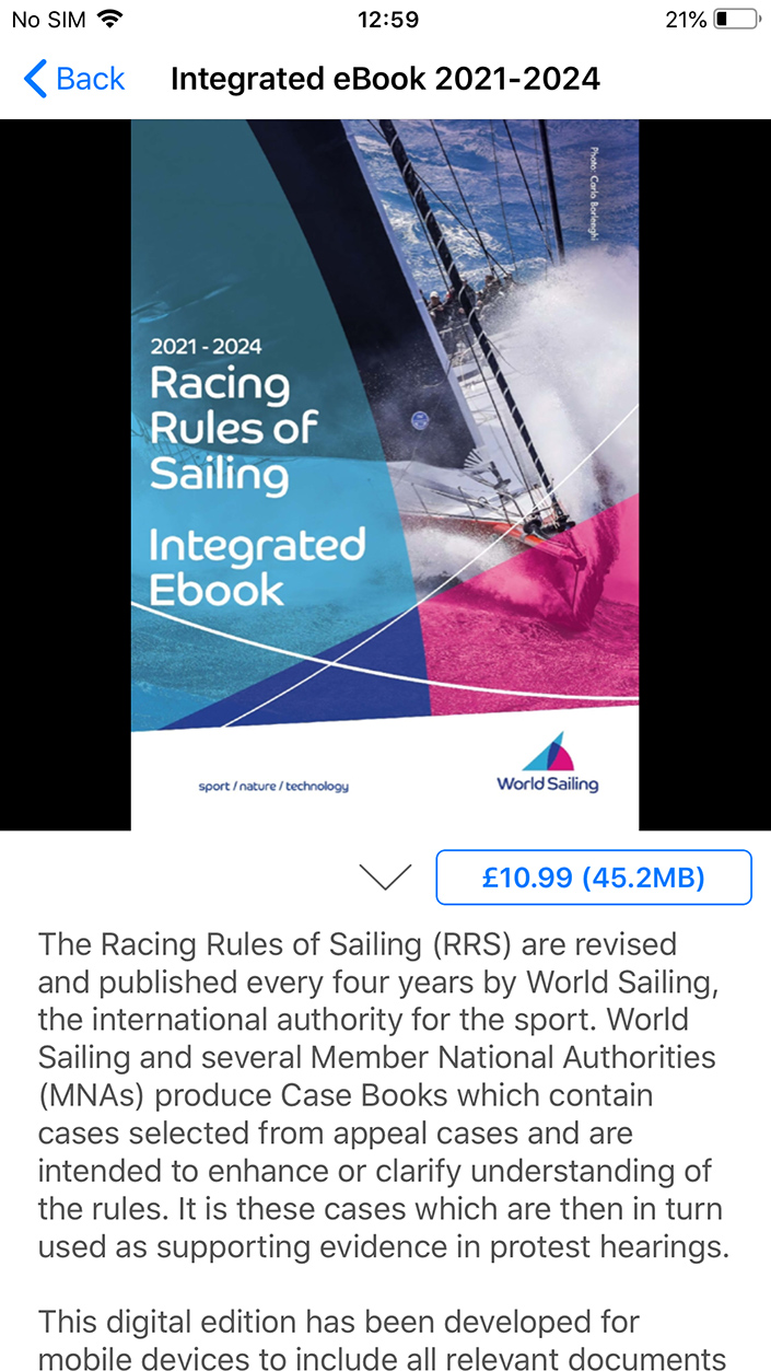 Screenshot showing the pre-purchase screen of the integrated eBook in the World Sailing 2021-2024 app